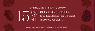 Indigo Canada Weekend Deal: Save 15% Off Décor, Toys, Fashion & More Using Coupon Code