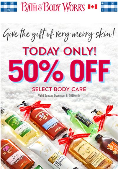 Bath & Body Works Canada Coupons: Save 50% off Select Body Care Today + Save $10 Off $30 with Coupon + More