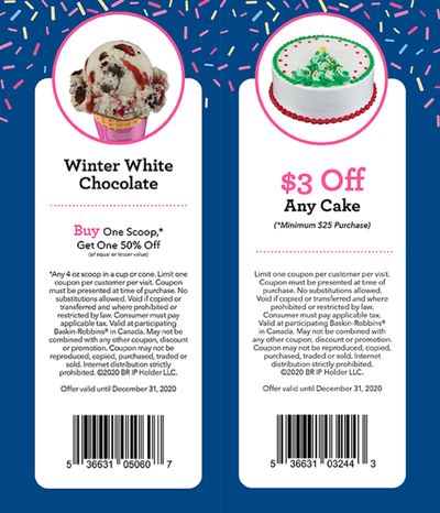 Baskin Robbins Canada Coupons: BOGO 50% Off Scoops, Save $3.00 off Any Ice Cream Cake