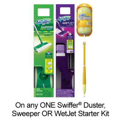 Save $3.00 when you buy any ONE SwifferDuster, Sweeper OR Wet Jet Starter Kit (excludes trial/travel size, value/gift/bonus packs)