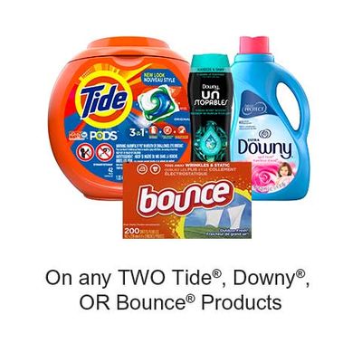 Save $3.00 when you buy any TWO Tide Products (excludes trial/travel size, value/gift/bonus packs)
