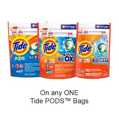Save $1.00 when you buy any ONE Tide PODS™ Bags (excludes trial/travel size, value/gift/bonus packs)