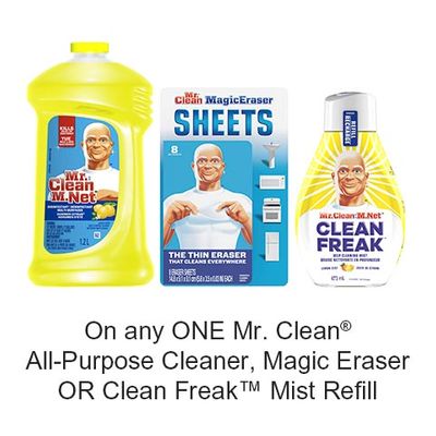 Save 50¢ when you buy any ONE Mr. Clean All-Purpose Cleaner, Magic Eraser OR Clean Freak Mist Refill (excludes trial/travel size, value/gift/bonus packs)