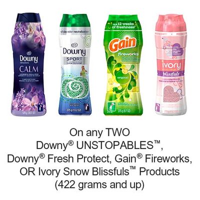 Save $4.00 when you buy any TWO Downy UNSTOPABLES, Downy Fresh Protect, Gain Fireworks OR Ivory Snow Blissfuls Products (422 grams and up) (excludes trial/travel size, value/gift/bonus packs)