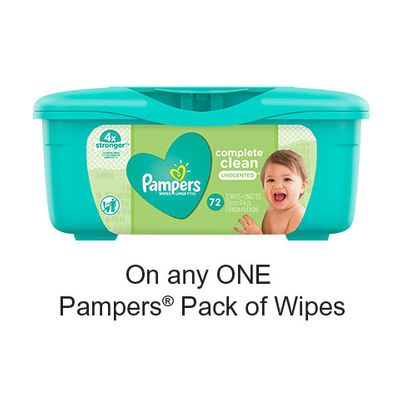 Save $1.00 when you buy any ONE Pampers Pack of Wipes (excludes trial/travel size, value/gift/bonus packs)
