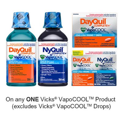 Save $3.00 when you buy any ONE Vicks VapoCOOL Cold & Flu Product (excludes Vicks VapoCOOL Drops, trial/travel size, value/gift/bonus packs)