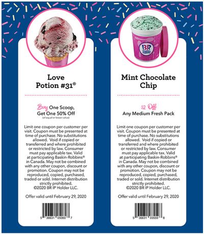 Baskin Robbins Canada Coupons: BOGO 50% Off Scoops + $2 off any Medium Fresh Pack