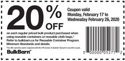 Bulk Barn Canada Coupons: Save 20% off Regular Priced Bulk Product Purchased Using Reusable Containers + 15% – 20% off Select Item