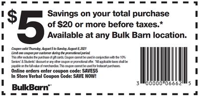 Bulk Barn Canada Coupons and Flyer Deals: Save $2 to $5 Off Your Purchase with Coupons + 25% off Select Items