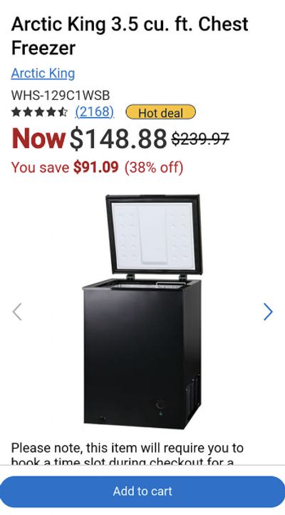Walmart Canada Black Friday Deals: Arctic King 3.5 Cu. Ft. Chest Freezer $148.88 (Save $91.09)