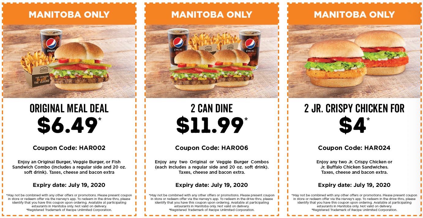 Harvey’s Canada Coupons(Manitoba) Until July 19