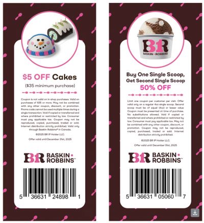 Baskin Robbins Canada New Coupons: BOGO 50% Off Scoops + $5 off Cake