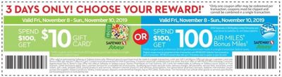 Safeway, Sobeys Canada Weekly Coupons: Spend $100 Get $10 Gift Card or 100 Bonus Miles + Flyers Deals