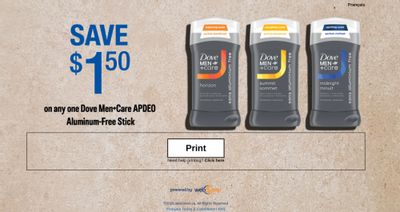 WebSaver Canada Coupons: Save $1.50 on any Dove Men+Care APDEO Aluminum Free Stick