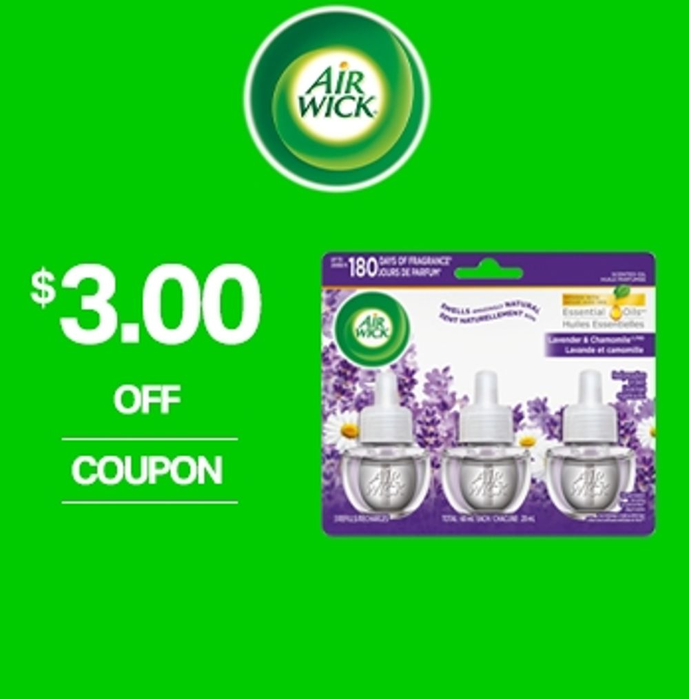 Save $3.00 when you purchase any Air Wick Plug In Refill, 3 pack, 4 pack or 5 pack