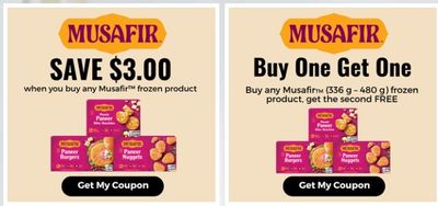 Save $3 on Musafir frozen product or Buy one and get one Free Musafir product