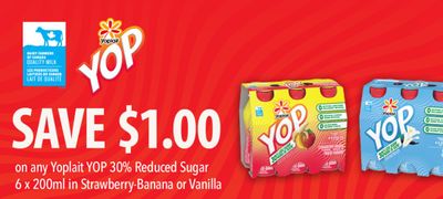Save $1 on Yoplait Yop reduced sugar 6X200ml