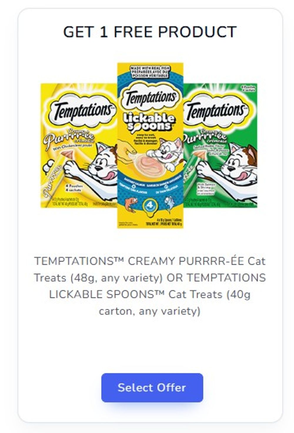Temptations Creamy PURRRR-ÉE Cat Treats (48g, any variety) OR Temptations Lickable Spoons Cat Treats (40g carton, any variety)