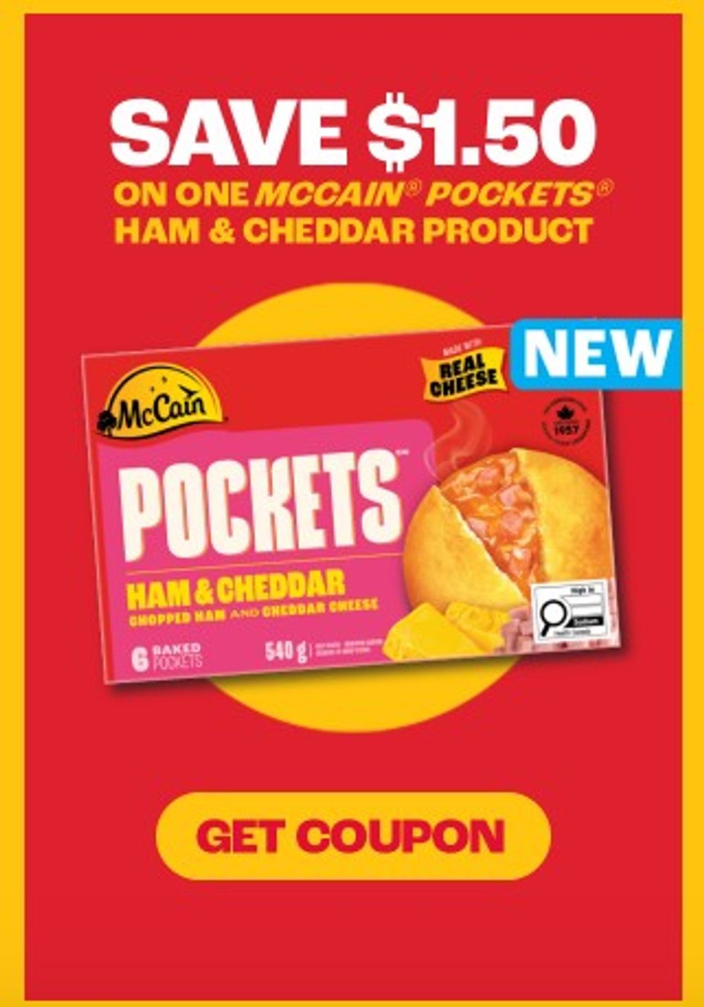Save $1.50 on Mc Cain Pockets ham & cheddar