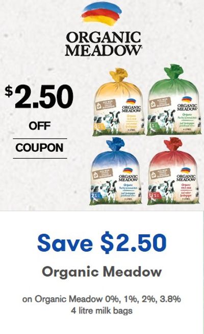 Save $2.50 on Organic Meadow 4 Lt milk bag