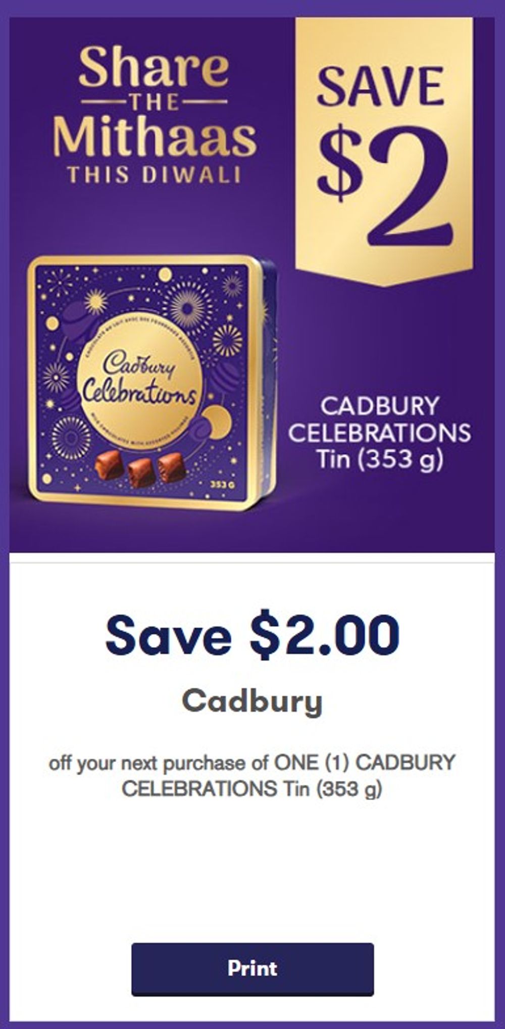 Save $2 on Cadbury Celebrations tin 353 g