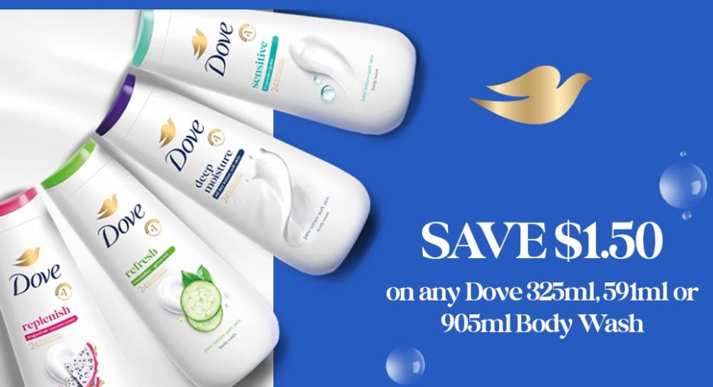 Save $1.50 on Dove body wash 325 ml, 591 or 905 ml