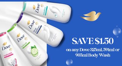 Save $1.50 on Dove body wash 325 ml, 591 or 905 ml