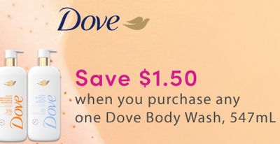 Save $1.50 on Dove bodywash, 547 ml