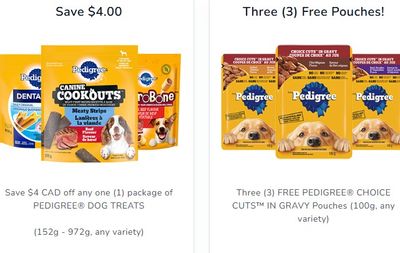 Coupons valid on Pedigree Dog treats and gravy pouches