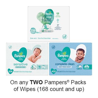 Save $1.50 when you buy any TWO Pampers Pack of Wipes (168 count and up) (excludes trial/travel size, value/gift/bonus packs)