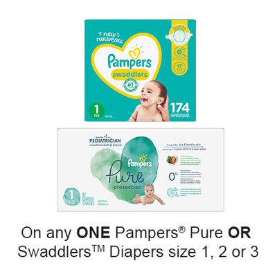 Save $3.00 when you buy any ONE Pampers Pure OR Swaddlers Diapers size 1, 2 or 3 (excludes trial/travel size, value/gift/bonus packs)