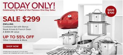 Hudson’s Bay Canada Pre Black Friday One Day Sale: Today, Save 70% off ZWILLING Cookware Set with Bonus Steak Knives & French Oven, (a $484.98 value) + Extra 15% with Coupon Code