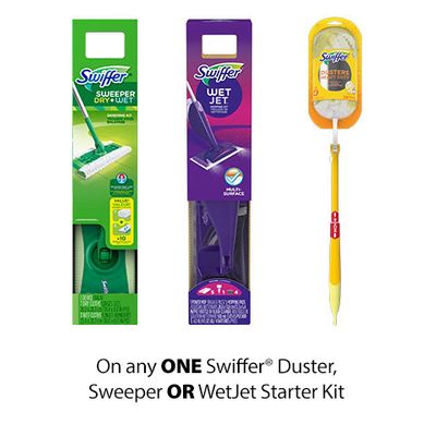Save $3.00 when you buy any ONE SwifferDuster, Sweeper OR Wet Jet Starter Kit (excludes trial/travel size, value/gift/bonus packs)